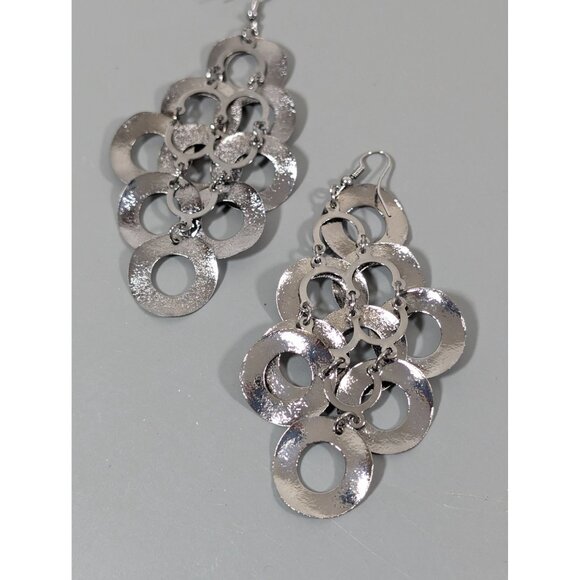 Gunmetal Gray Textured Round Disc Charm Chandelier Long Earrings Pierced MOD - Picture 7 of 8